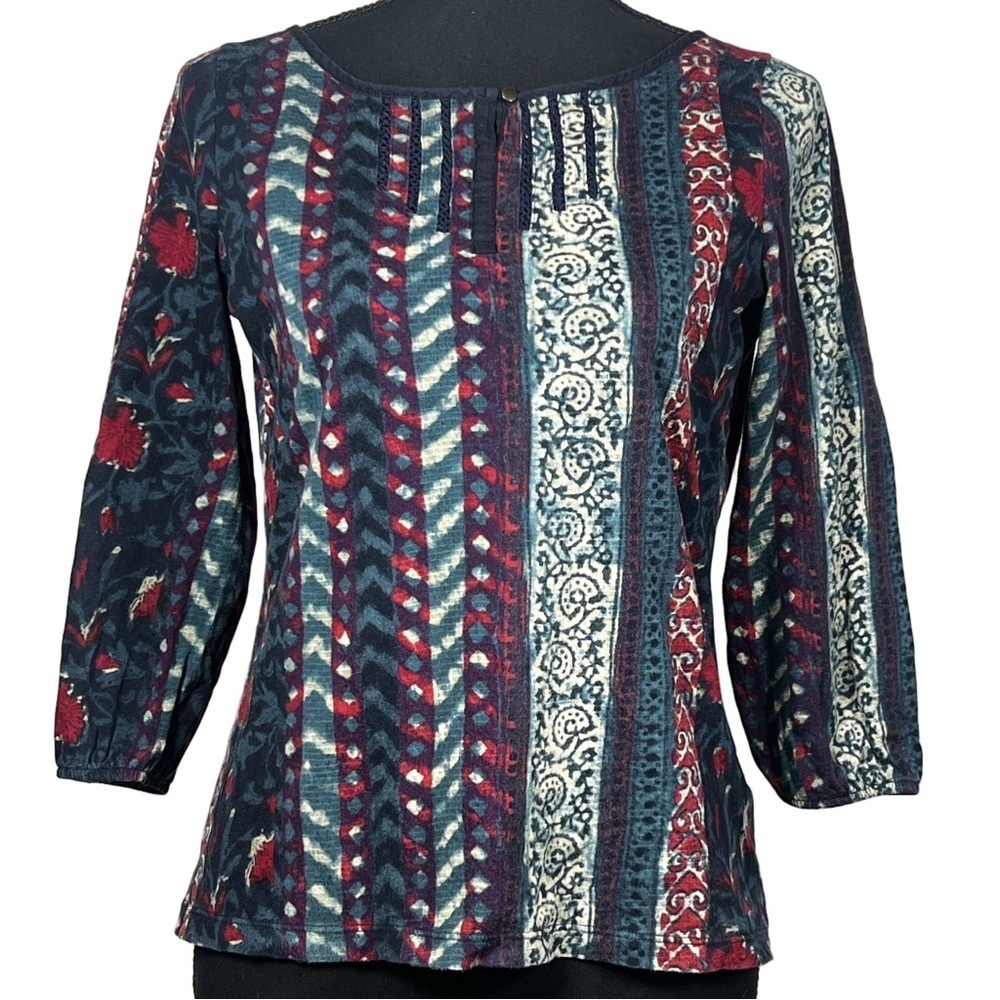Lauren Ralph Lauren Red and Blue Fitted Graphic Blouse, Size Extra Small